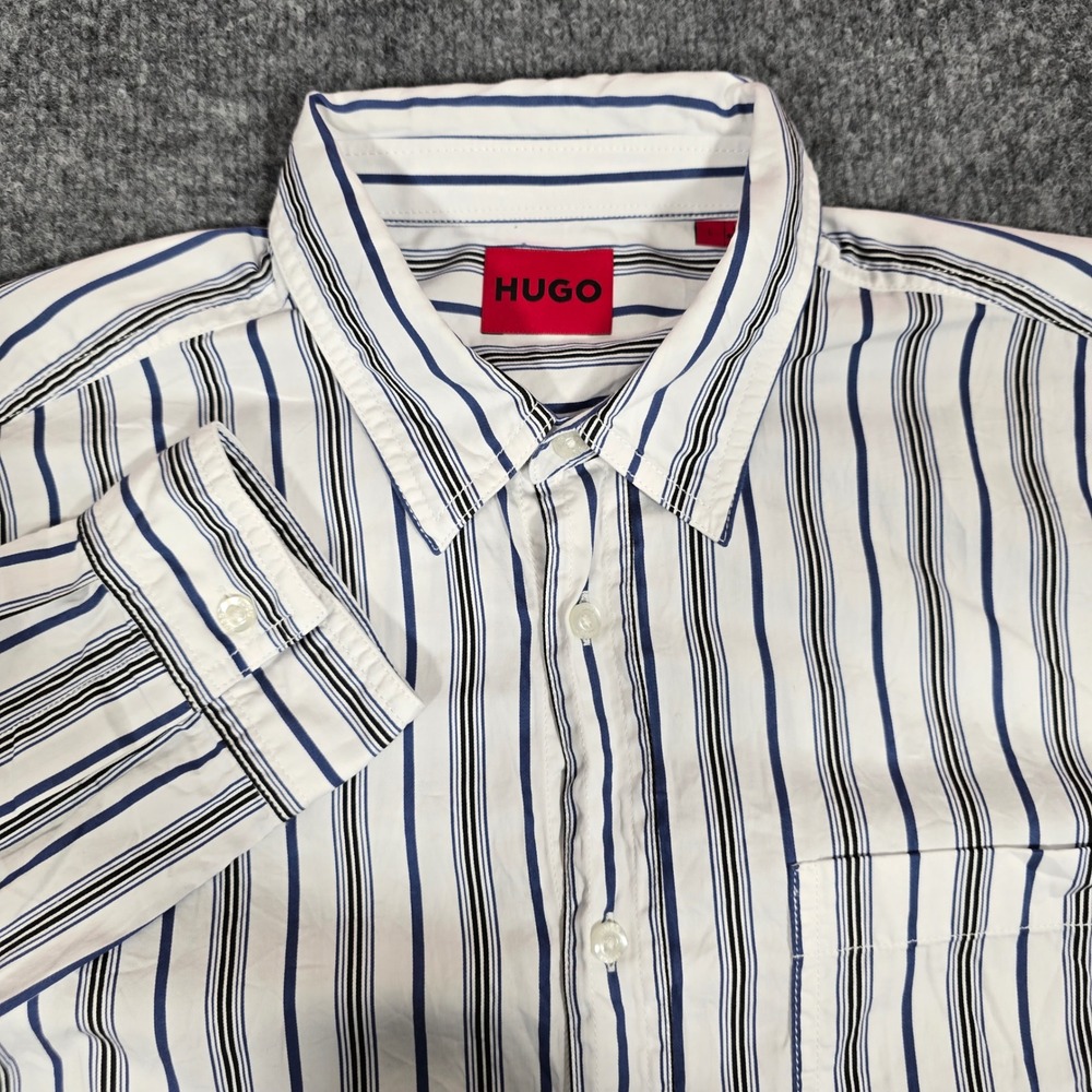 HUGO Erillo-A-01 Striped Button Down Mens L White Blue Cotton EUC